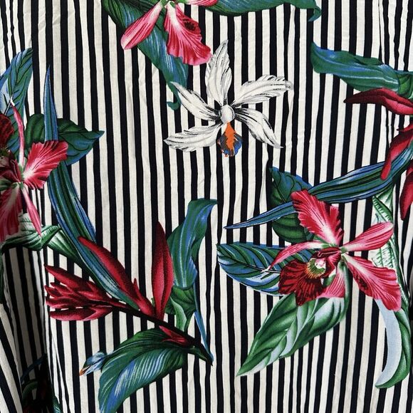 Umgee Blouse Black White Stripe With Tropical Floral Design Front Knot Detail Lg - Picture 8 of 8